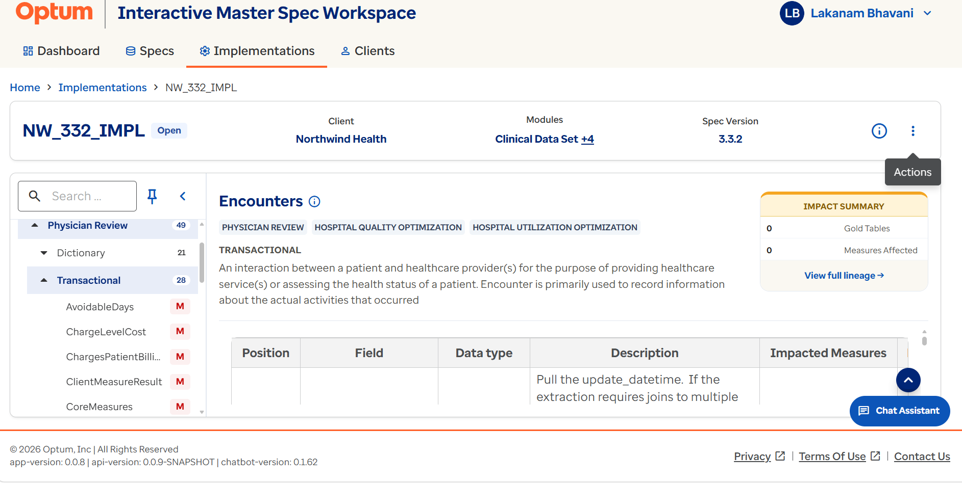 Specification entity and table details