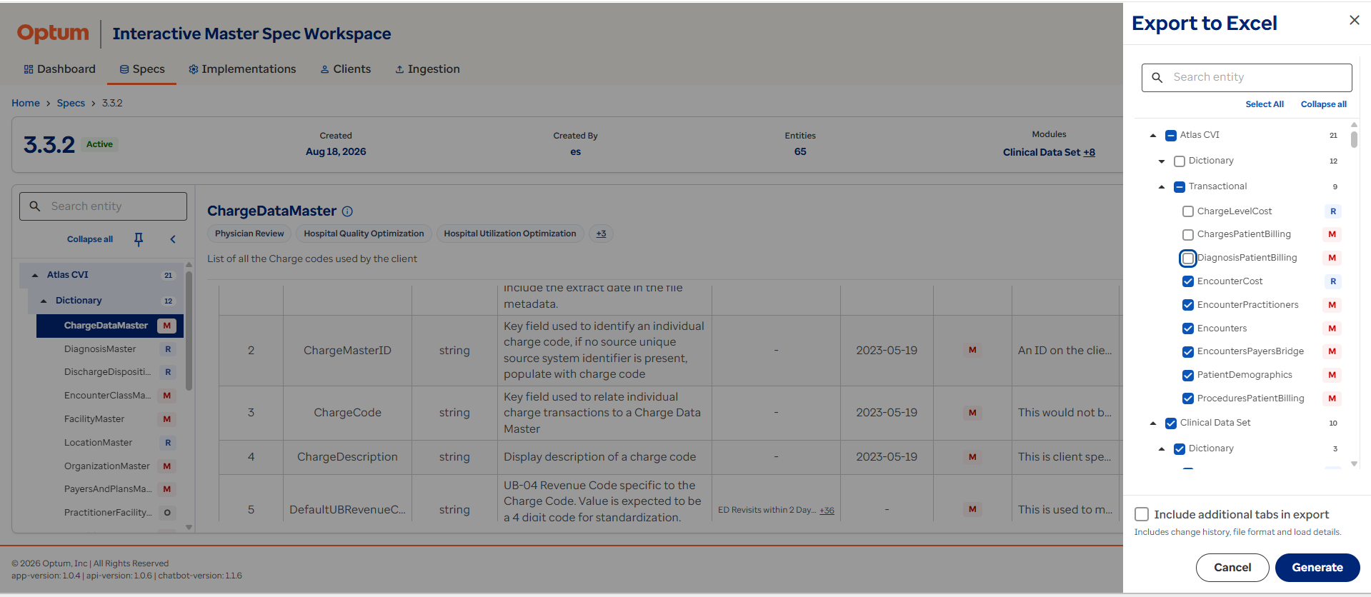 Specification export configuration